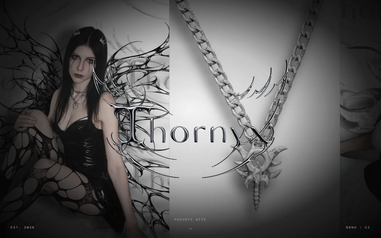 Úvodní scéna webu Thornyx s liquid-metal logem